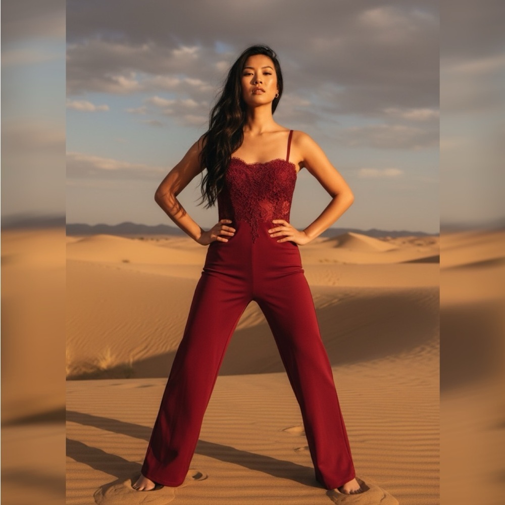 Haute Monde Burgundy Lace Wide Leg Jumpsuit Medium NWT